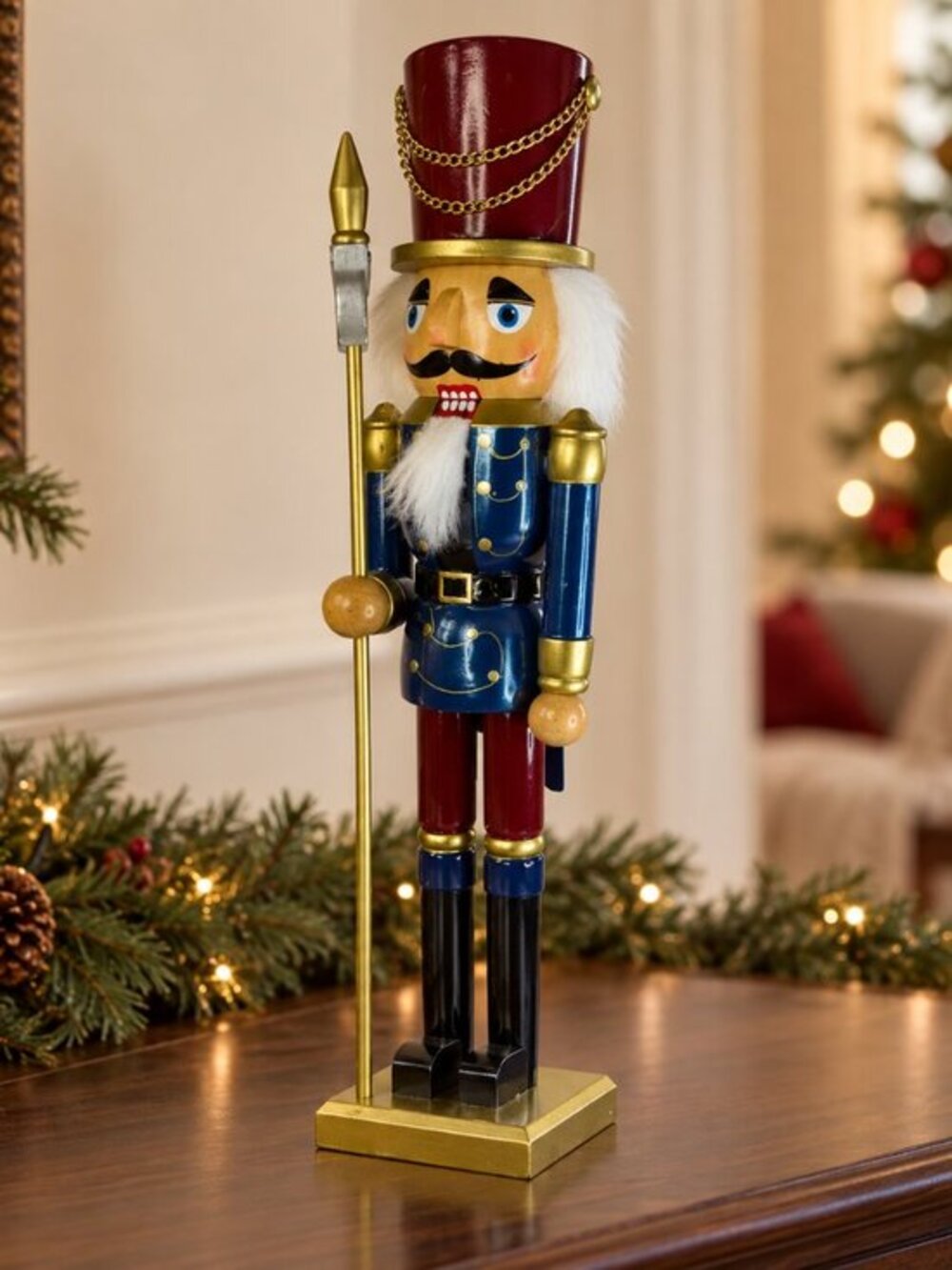 Vintage Wooden Nutcracker Soldier 14” Blue Red Gold Spear Christmas Decor